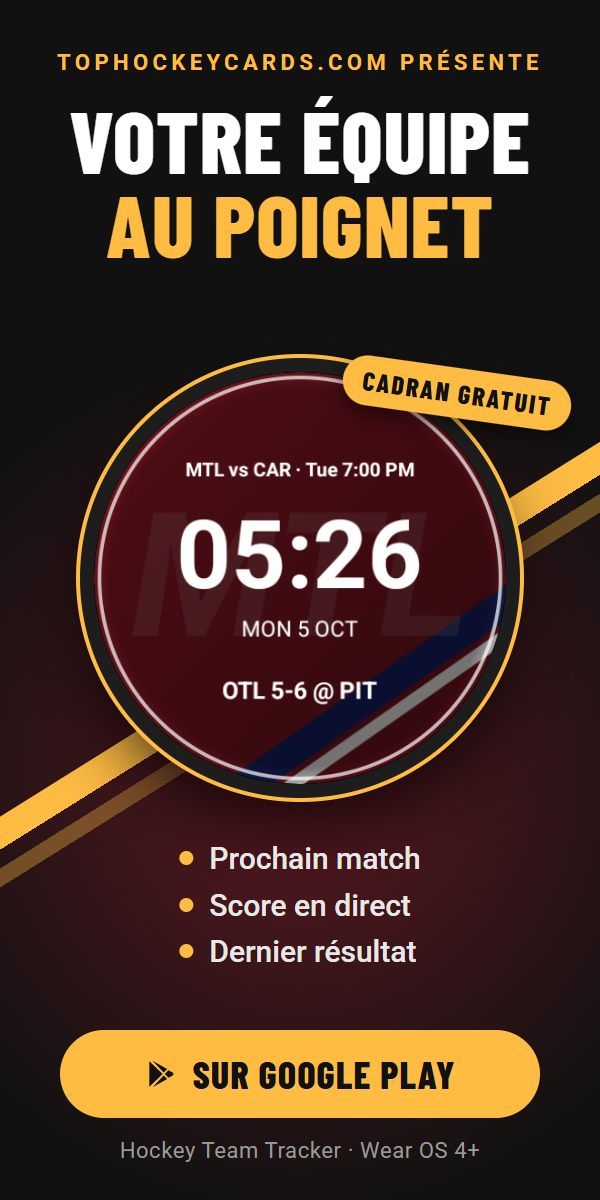 Cadran de hockey gratuit pour Wear OS : prochain match, score en direct, dernier r&eacute;sultat
