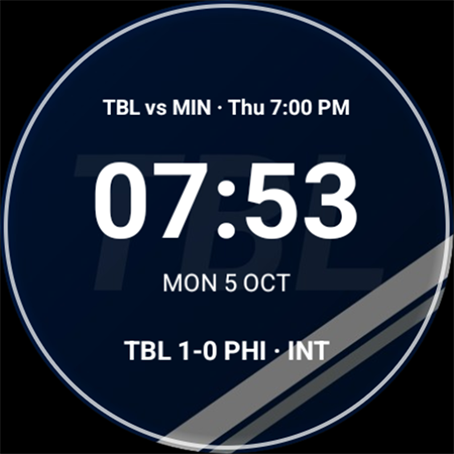 The watch face during a game, showing the live score at intermission