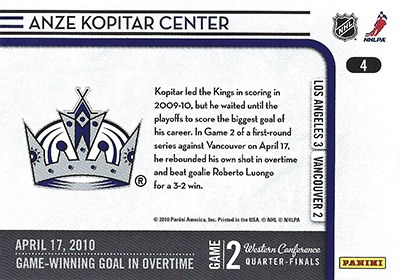 ANZE KOPITAR 2010-11 SCORE - SUDDEN DEATH No. 4 -- back