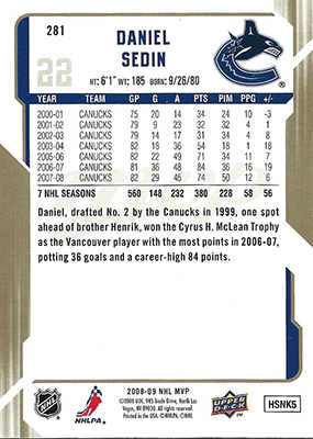 DANIEL SEDIN 2008-09 UPPER DECK MVP - GOLD SCRIPT No. 281  -- arrière