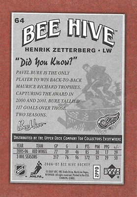 HENRIK ZETTERBERG 2006-07 BEEHIVE - RED No. 64 -- back