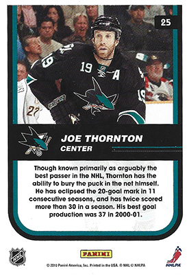 JOE THORNTON 2010-11 SCORE - FRANCHISE No. 25  -- arrière