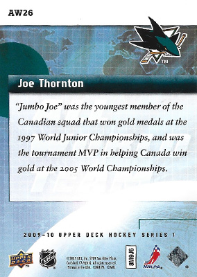 JOE THORNTON 2009-10 UPPER DECK - ALL WORLD No. AW26  -- arrière