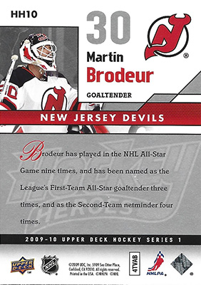 MARTIN BRODEUR 2009-10 UPPER DECK - HOCKEY HEROES No. HH10 -- back