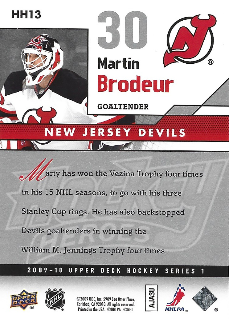 MARTIN BRODEUR 2009-10 UPPER DECK - HOCKEY HEROES No. HH13 -- back